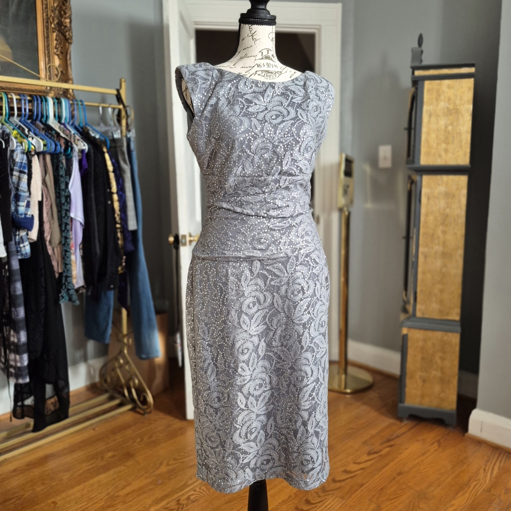 Nine West Silver Mother of Bride Floral Asymmetrical Dress Size 4